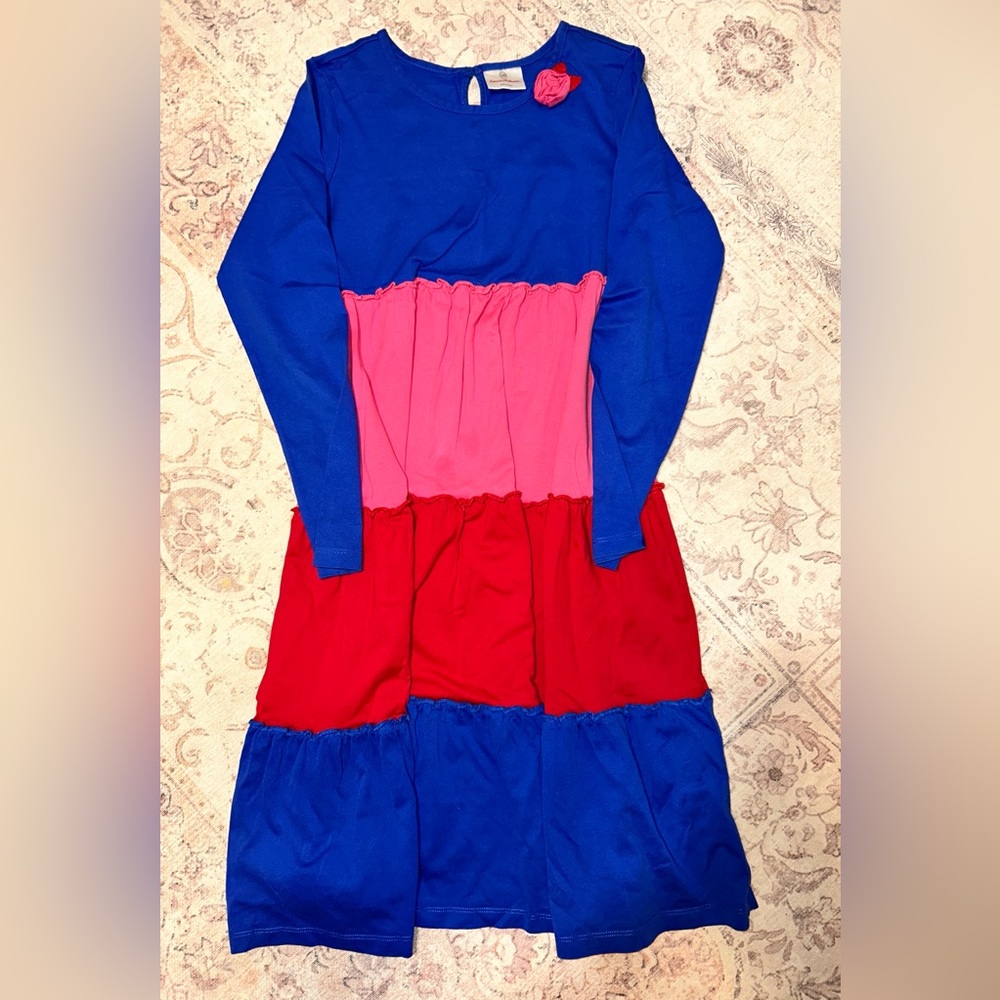 Hanna Andersson Girls Tiered Colorblock Dress with Flower (Size 150)